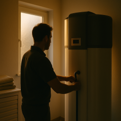 Silhouette d’un technicien devant un chauffe-eau thermodynamique à Amiens