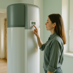 Technicienne règle le panneau d’un chauffe-eau thermodynamique à Arras