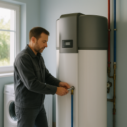Technicien installe un chauffe-eau thermodynamique dans une buanderie de la Somme
