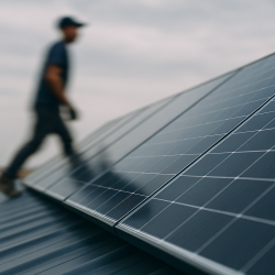 Installateur flou en mouvement devant des panneaux photovoltaïques à Abbeville