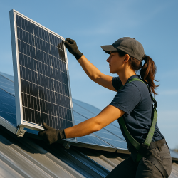 Installatrice photovoltaïque réglant un panneau solaire sur un toit à Arras