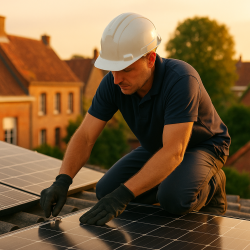 Installateur professionnel de panneaux solaires travaillant sur une toiture à Abbeville en lumière dorée