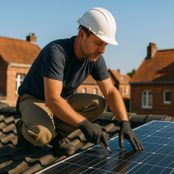 Installateur de panneaux solaires en travail sur toiture à Arras, professionnel en équipement solaire, installation photovoltaïque
