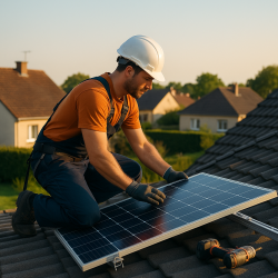 Technicien installant un panneau solaire sur un toit dans le Pas-de-Calais