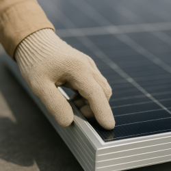 Main gantée inspectant le bord d’un panneau solaire à Douai