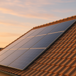 Panneaux solaires installés sur une toiture résidentielle à Amiens au crépuscule