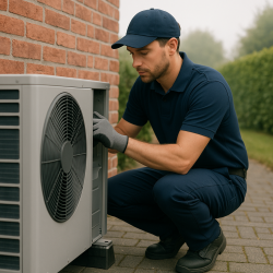 Technicien installant une pompe à chaleur à Amiens, intervention professionnelle extérieure sur maison résidentielle