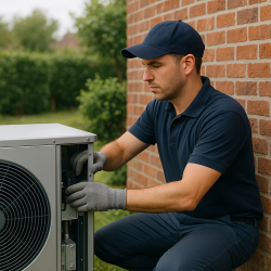 Technicien installant une pompe à chaleur à l’extérieur d’une maison dans la Somme, système de chauffage écologique