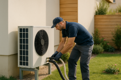 Technicien installe une pompe à chaleur à Arras devant une maison moderne