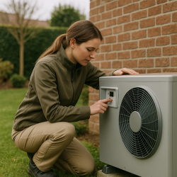 Technicienne vérifie une pompe à chaleur dans un jardin à Douai