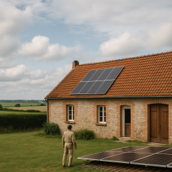 Technicien observant une installation de panneaux photovoltaïques sur une maison en Pas-de-Calais