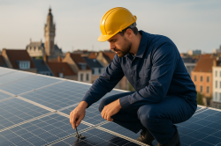 Technicien effectuant un dépannage de panneaux photovoltaïques à Lille sur un toit en lumière naturelle