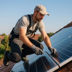 Installateur photovoltaïque professionnel sur un toit à Valenciennes ajustant des panneaux solaires