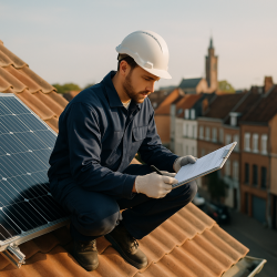 Installateur préparant un devis gratuit pour installer des panneaux solaires sur un toit incliné à Lille